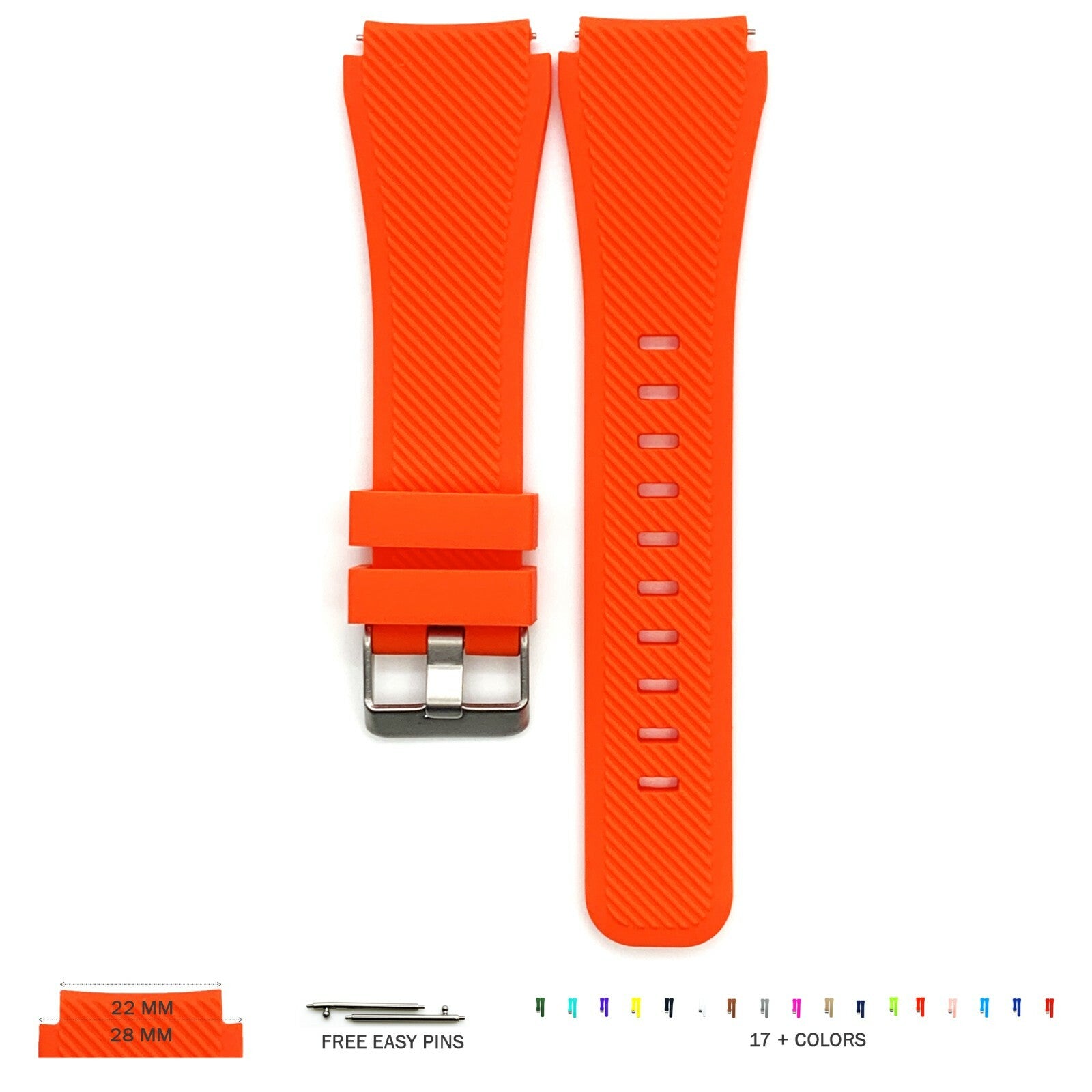 22 MM Rubber Silicone Male Opening Sports Watch Band 17 Colors Quick Release Pin