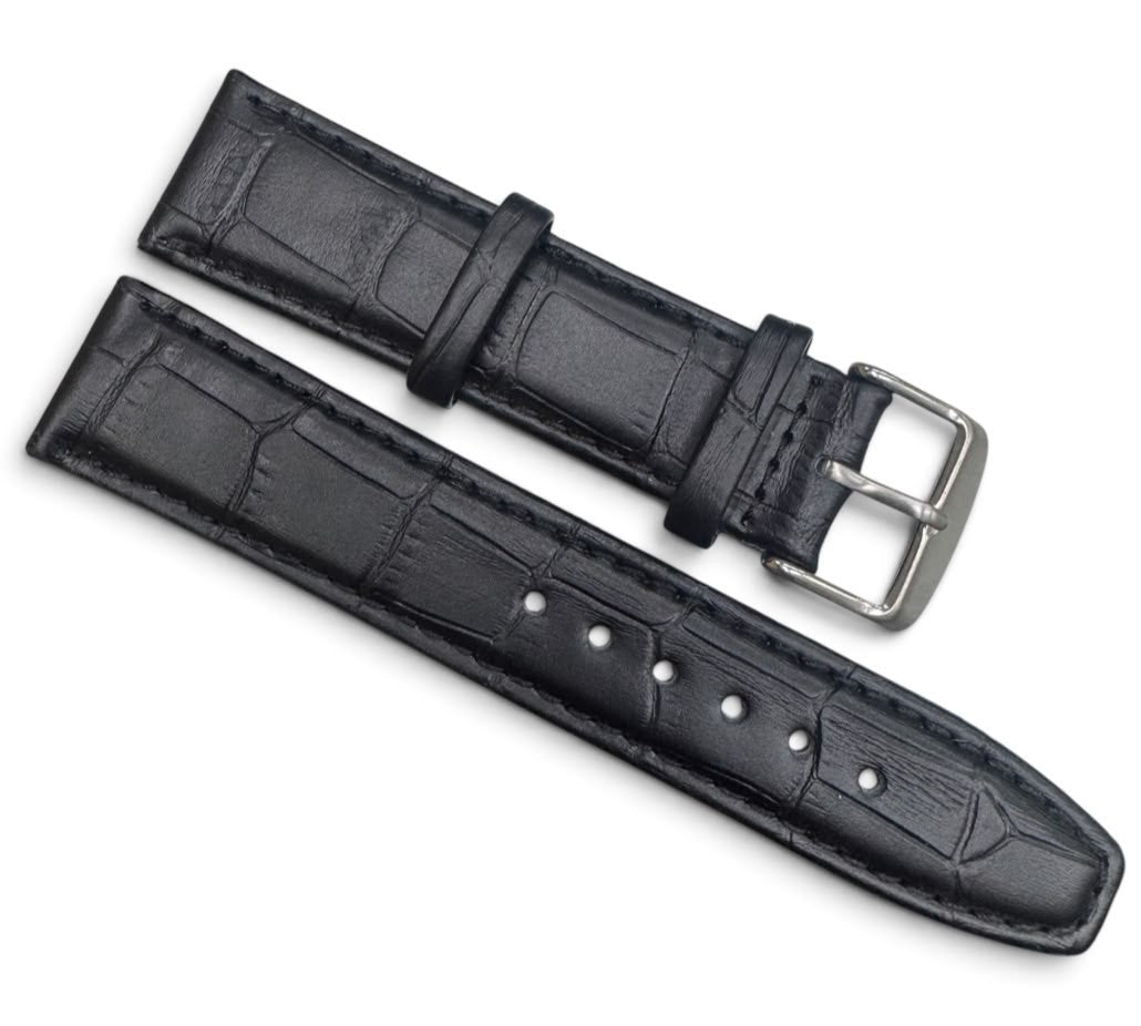 22 MM Black Genuine Leather Alligator Grain Watch Band for High End Watches
