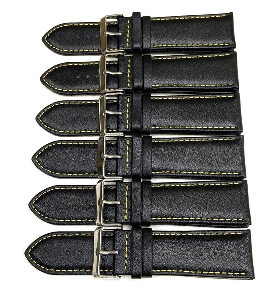 Watch Band Genuine Leather Plain PADDED With Stitches Black Color Of Size 24MM