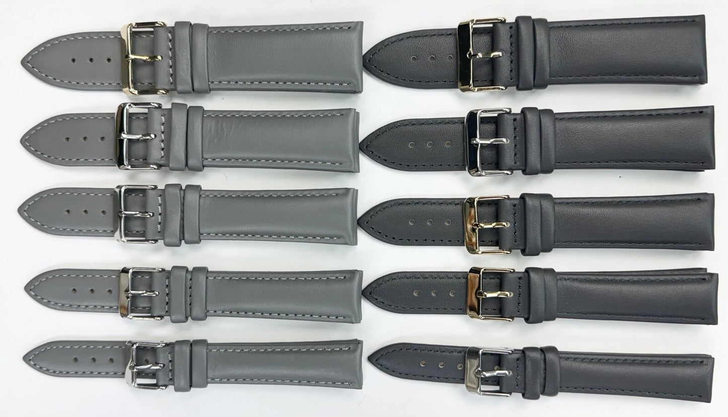 Watch Bands Genuine Leather Grey Plain Padded 16,18,20,22,24mm