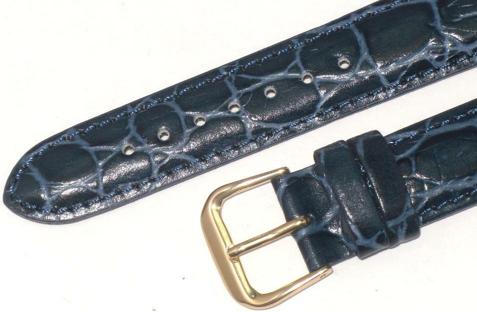Watch Band Genuine Leather Crocodile Grains Dark Blue 24mm Padded,Stitched