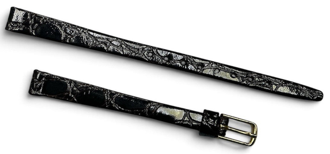 DARK BLACK HIRSCH  VINTAGE GENUINE CROCOGRAIN WATCH BAND  Gold Buckle 8 Mm