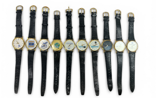 Lot of 10 New Logo Dial Quartz Watches – Gold-Tone Cases, Black Leather Straps