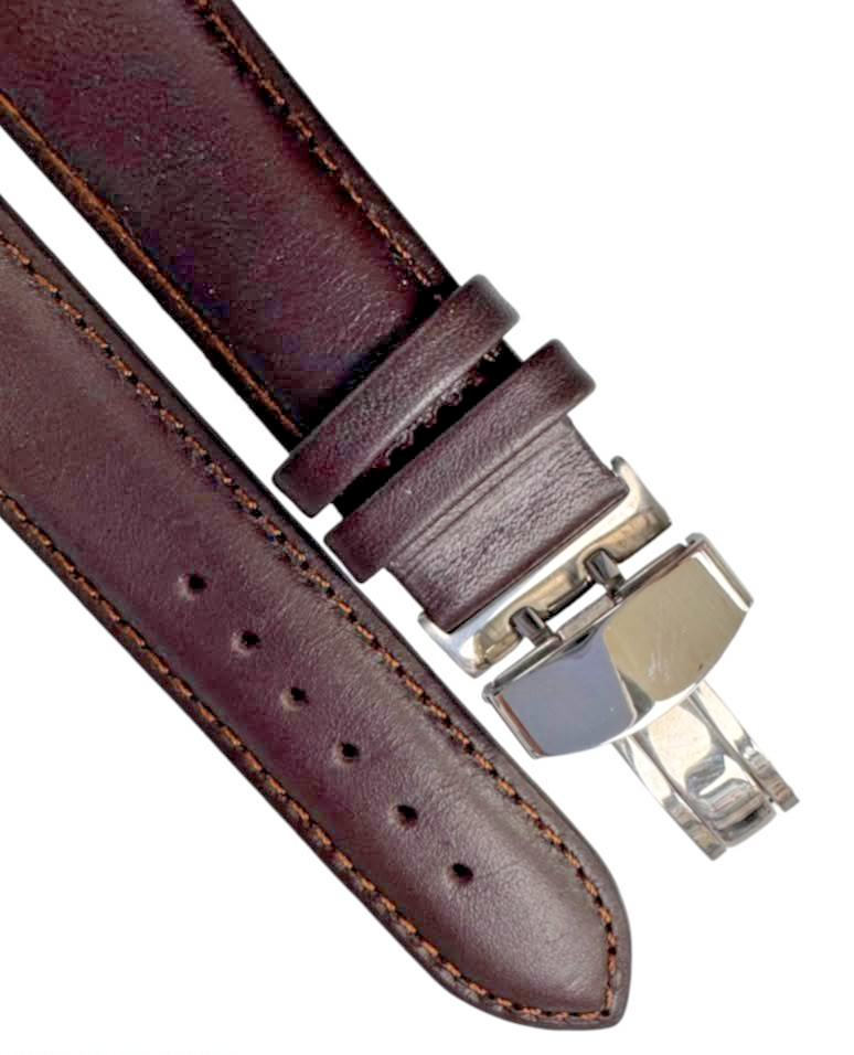 22mm BROWN Genuine Leather stitched Padded Watch Band With Deployment Buckle