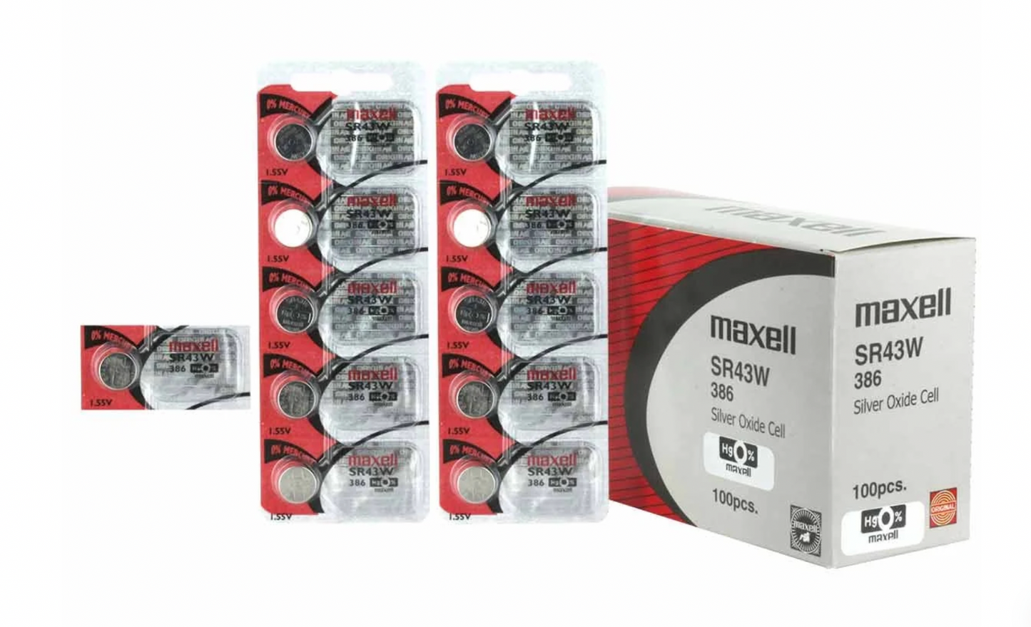Maxell 386 (SR41SW) 1.55V Silver Oxide Watch Batteries – Pack of 100 Batteries