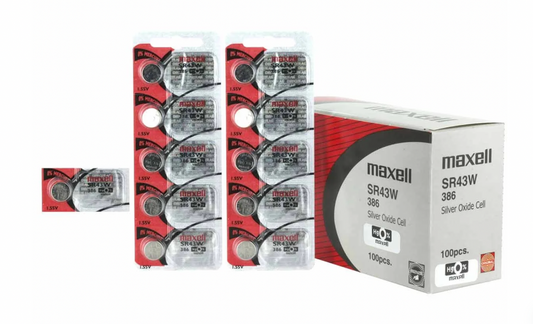 Maxell 386 (SR41SW) 1.55V Silver Oxide Watch Batteries – Pack of 100 Batteries