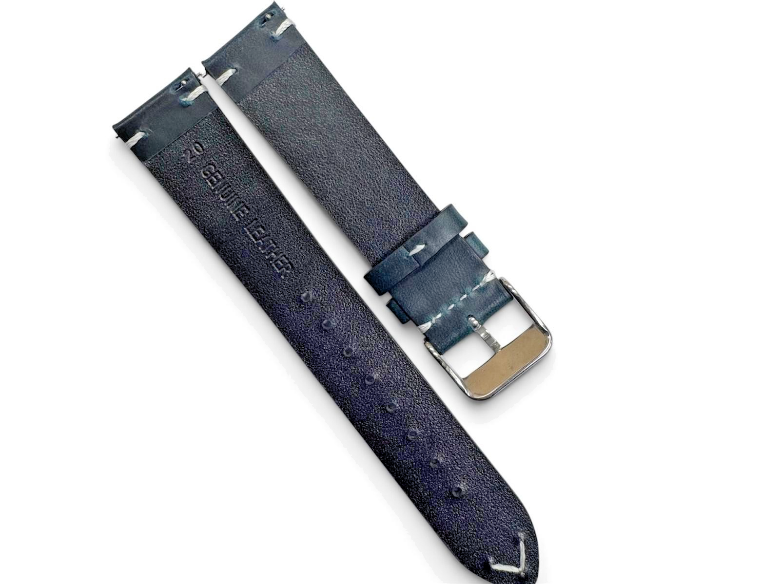 STITCHED GENUINE LEATHER UNIVERSAL WATCH BAND 20mm DEEP BLUE COLOR
