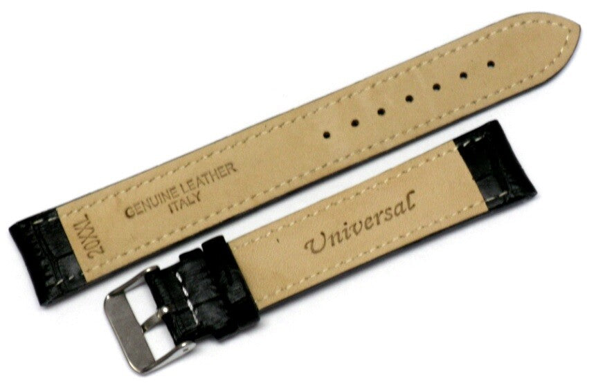 Watch Band Black Genuine Leather Alligator Grain White Stitchs 18,20,22,24mm XXL