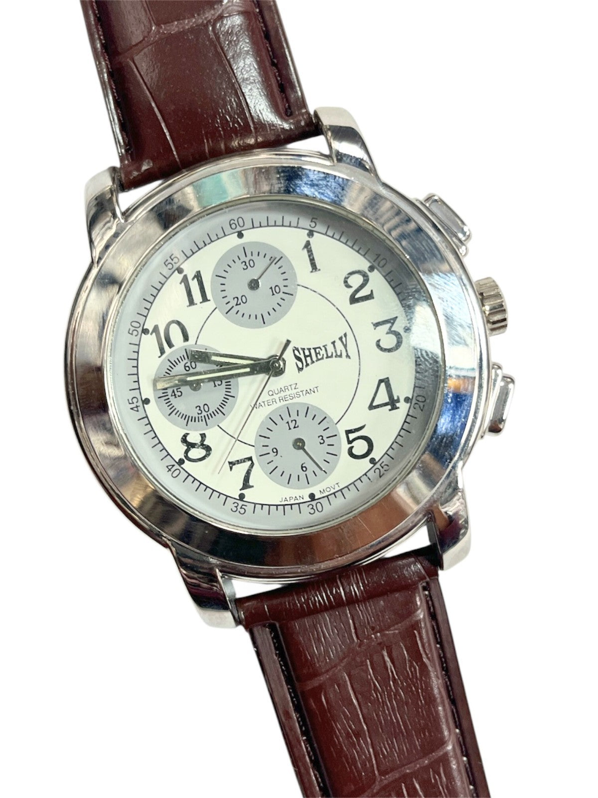 SHELLY round Dial Watch Silver Tone Brown Genuine Leather Band Watch