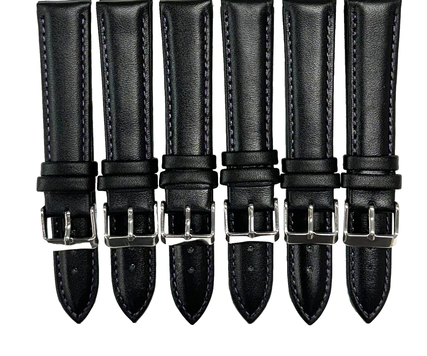 Lot of 6 Watch Bands Plain Black w Purple Stitches Genuine Leather Padded 20mm