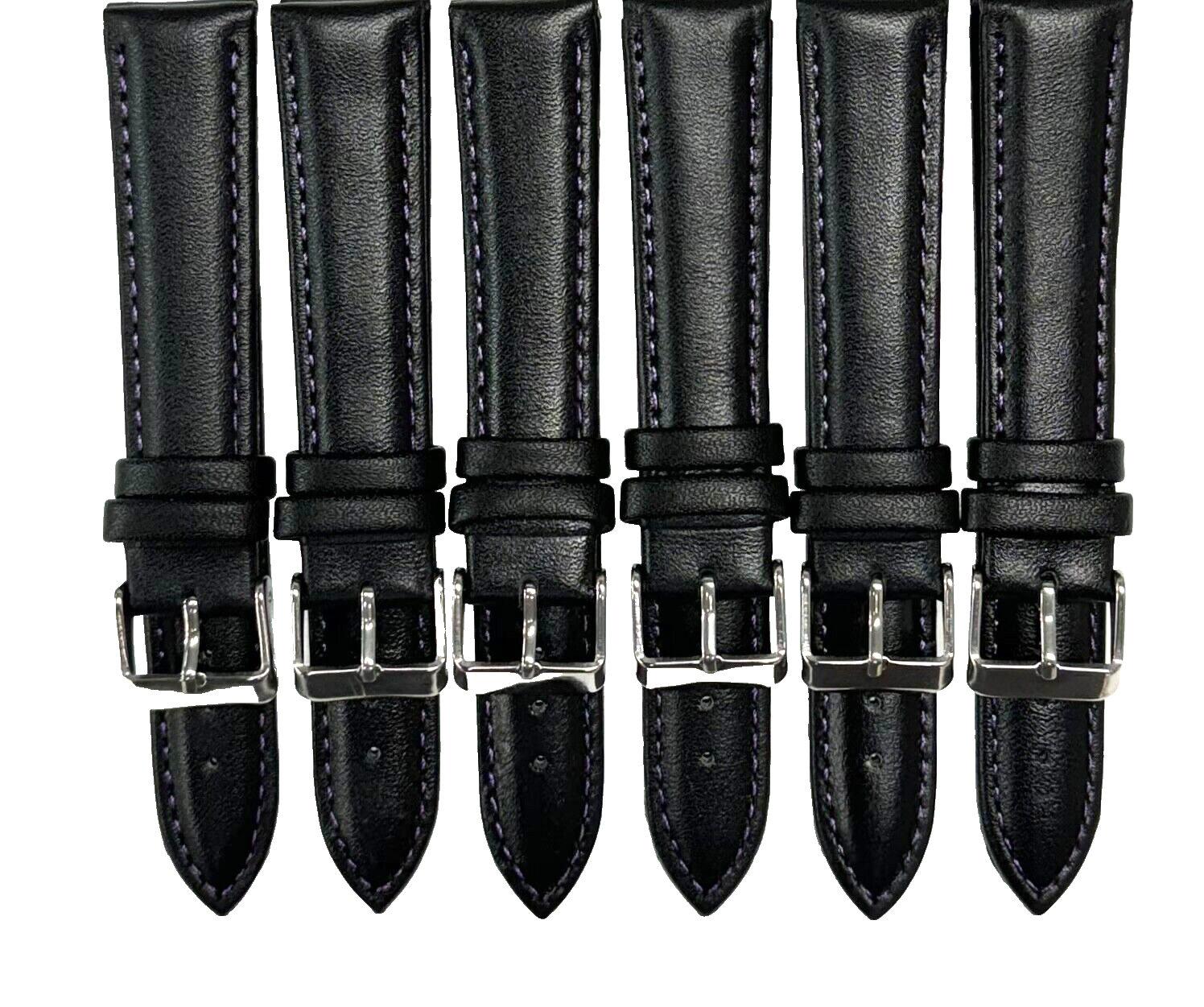 Lot of 6 Watch Bands Plain Black w Purple Stitches Genuine Leather Padded 20mm