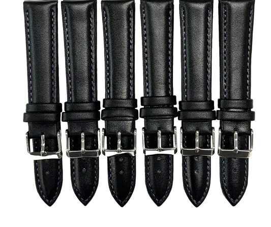 Lot of 6 Watch Bands Plain Black w Purple Stitches Genuine Leather Padded 20mm