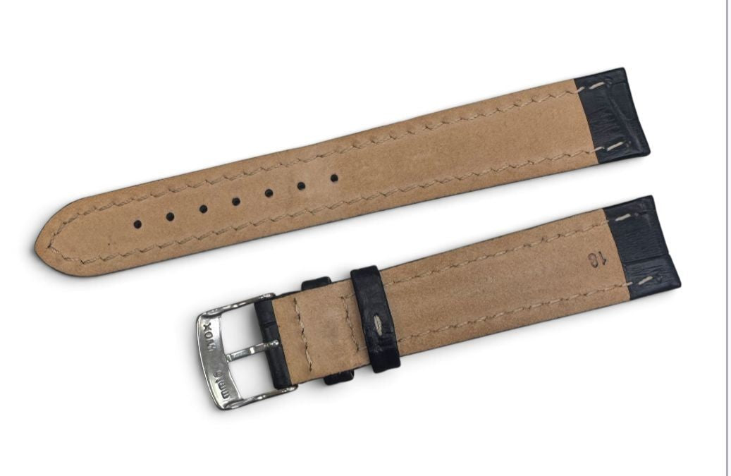 18MM BLACK LEATHER ALLIGATOR GRAIN PADDED STITCHED WATCH BAND