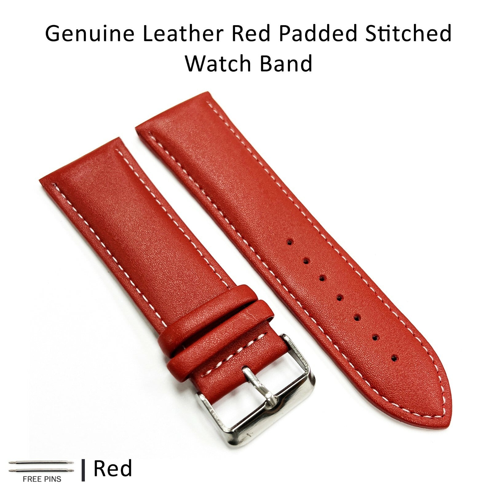 Alligator Leather RED Color Watch Band 16 MM to 22 MM RED/WHITE Stitched