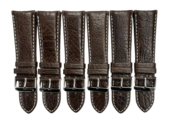 Lot of 6 WATCH BAND (ITALIAN) GENUINE LEATHER GRAIN D.BROWN PADDED STITCHES 26MM