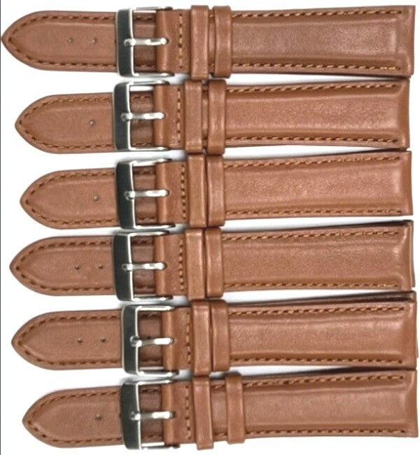 Lot of 6Pcs.Watch Band Light Brown Genuine Leather Padded, Stitched 20MM