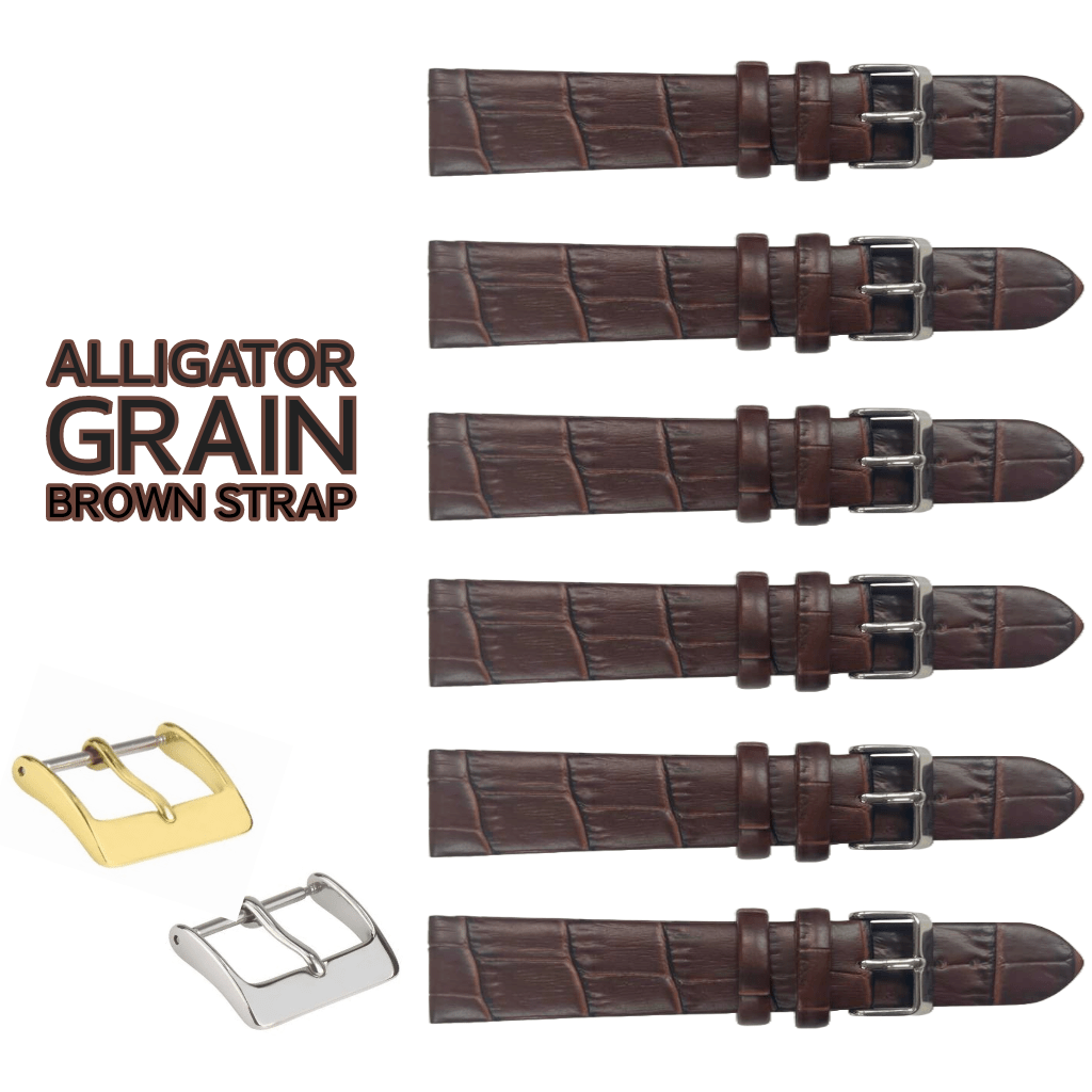 6PCS BROWN Leather Flat Unstitched Alligator Grain Watch Band Sizes 12MM - 24MM - Universal Jewelers & Watch Tools Inc.