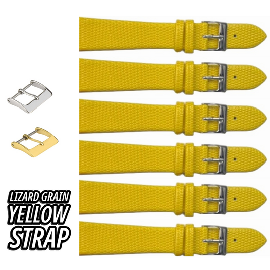 6PCS Lizard Grain Flat YELLOW Unstitched Genuine Leather Watch Band Size (12MM-24MM)