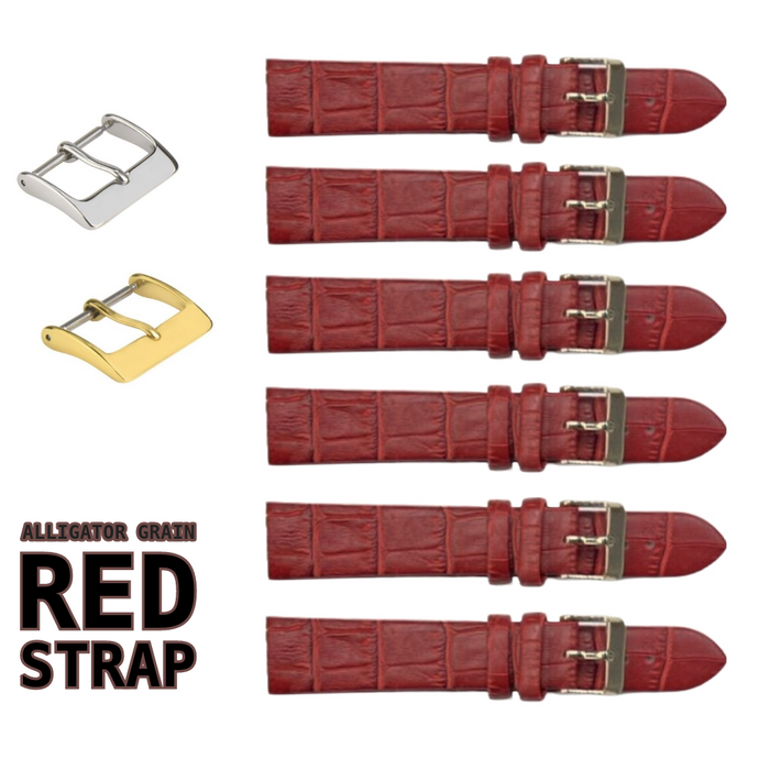 6PCS RED Leather Flat Unstitched Alligator Grain Watch Band Sizes 12MM-24MM