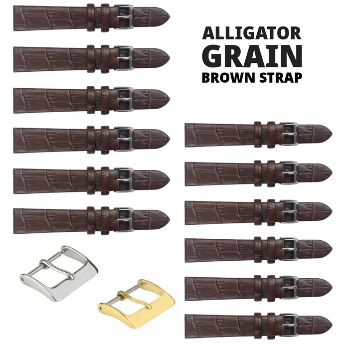 12PCS BROWN Leather Flat Unstitched Alligator Grain Watch Band Sizes 12MM-24MM