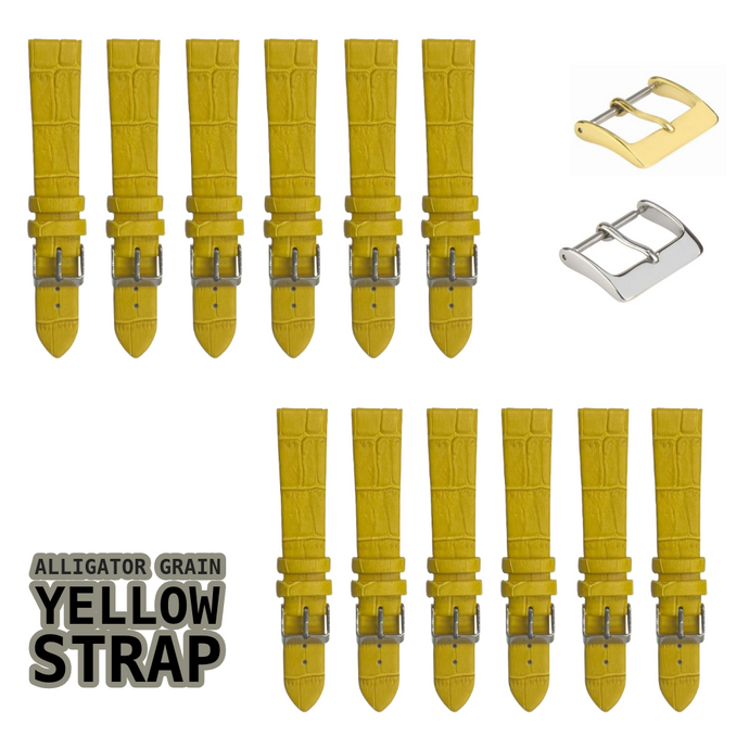 12PCS YELLOW Leather Flat Unstitched Alligator Grain Watch Band Sizes 12MM-24MM