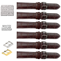 6PCS Alligator Grain Dark Brown Leather Watch Band (12MM-30MM + XXL Sizes) Padded w/WHITE Stitches