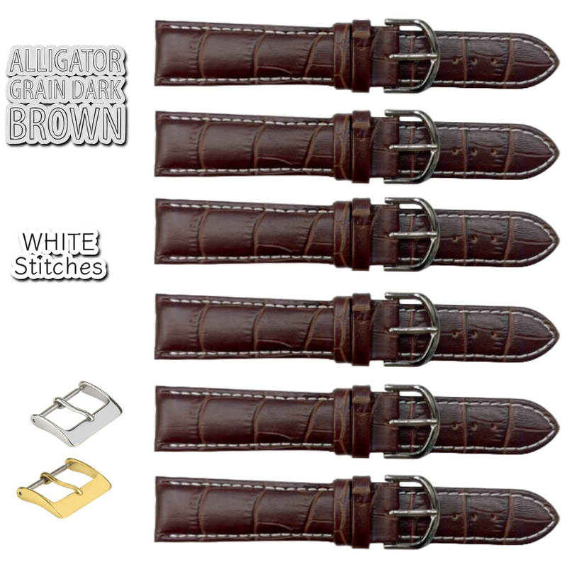 Load image into Gallery viewer, 6PCS Alligator Grain Dark Brown Leather Watch Band (12MM-30MM + XXL Sizes) Padded w/WHITE Stitches
