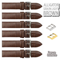 6PCS Alligator Grain LIGHT BROWN Leather Watch Band (12MM-30MM + XXL Sizes) Padded w/Brown Stitches