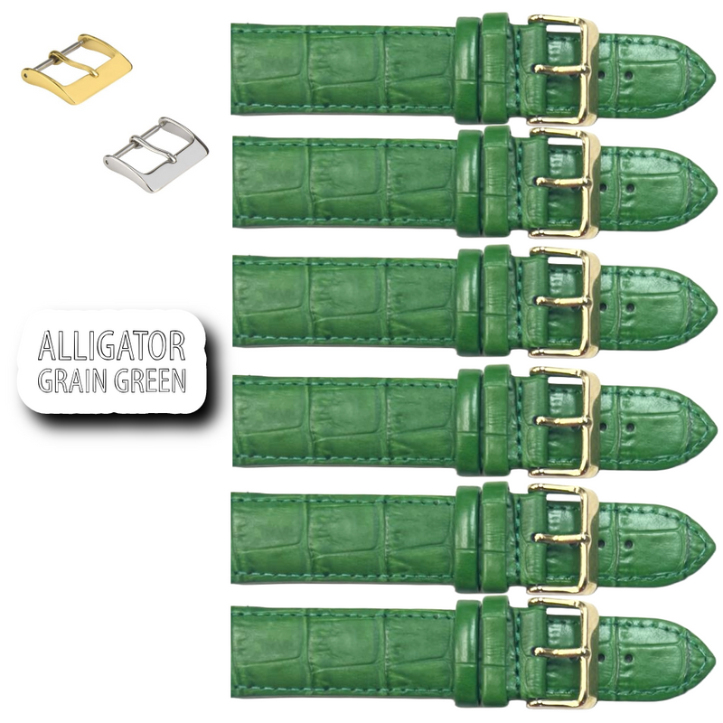 Load image into Gallery viewer, 6PCS Alligator Grain GREEN Leather Watch Band (16MM-24MM) Padded &amp; Stitched
