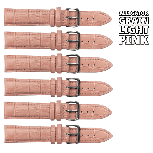 6PCS Alligator Grain LIGHT PINK Leather Watch Band (20MM - 24MM) Padded & Stitched - Universal Jewelers & Watch Tools Inc.