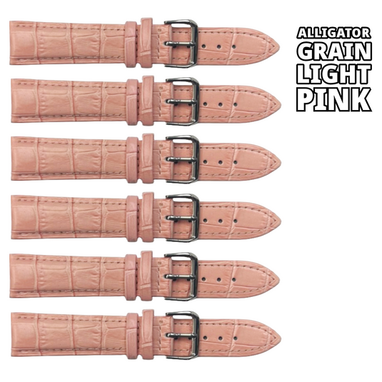 6PCS Alligator Grain LIGHT PINK Leather Watch Band (20MM-24MM) Padded & Stitched