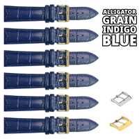 6PCS Alligator Grain Indigo Blue Leather Watch Band (20MMXXL & 22MM) Padded & Stitched
