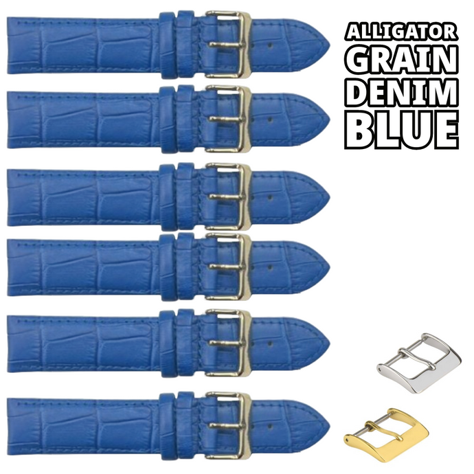 6PCS Alligator Grain DEMIN Blue Leather Watch Band (18MM & 20MM) Padded & Stitched