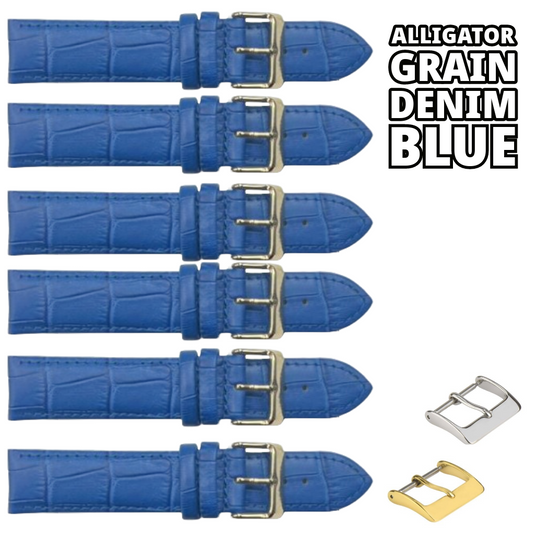 6PCS Alligator Grain DEMIN Blue Leather Watch Band (18MM & 20MM) Padded & Stitched