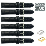 6PCS Alligator Grain Black Leather Watch Band (12MM-30MM + XXL Sizes) Padded w/White Stitches
