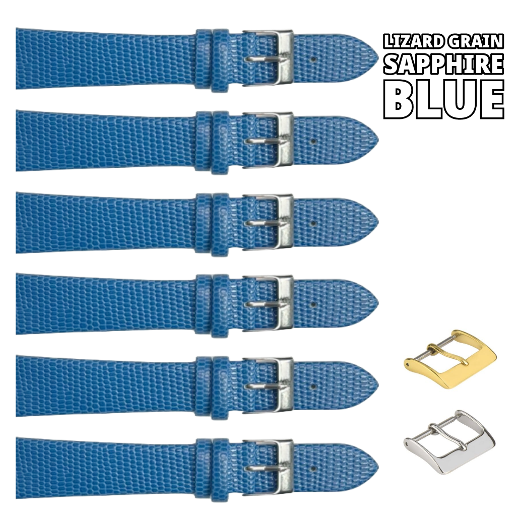 6PCS Lizard Grain Flat SAPPHIRE Blue Unstitched Genuine Leather Watch Band Size (12MM-24MM)