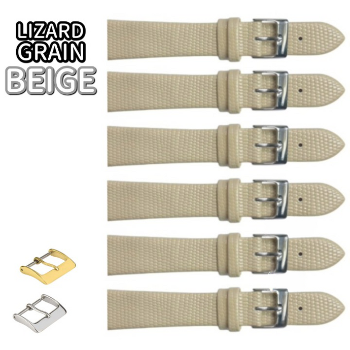 6PCS Lizard Grain Flat BEIGE Unstitched Genuine Leather Watch Band Size (12MM-24MM)