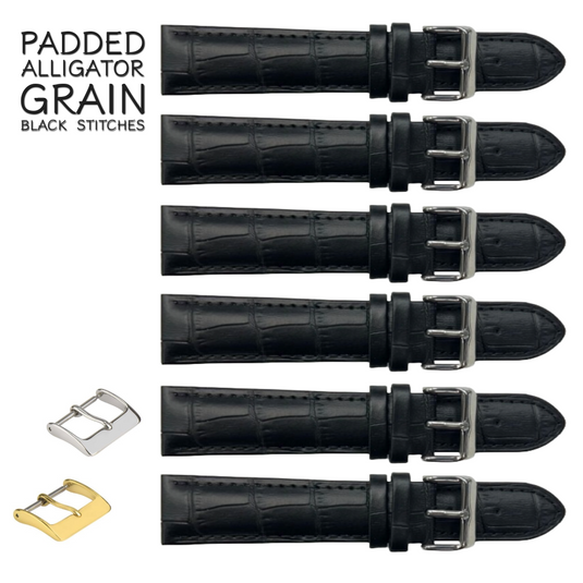 6PCS Alligator Grain Black Leather Watch Band (12MM-30MM + XXL Sizes) Padded w/Black Stitches