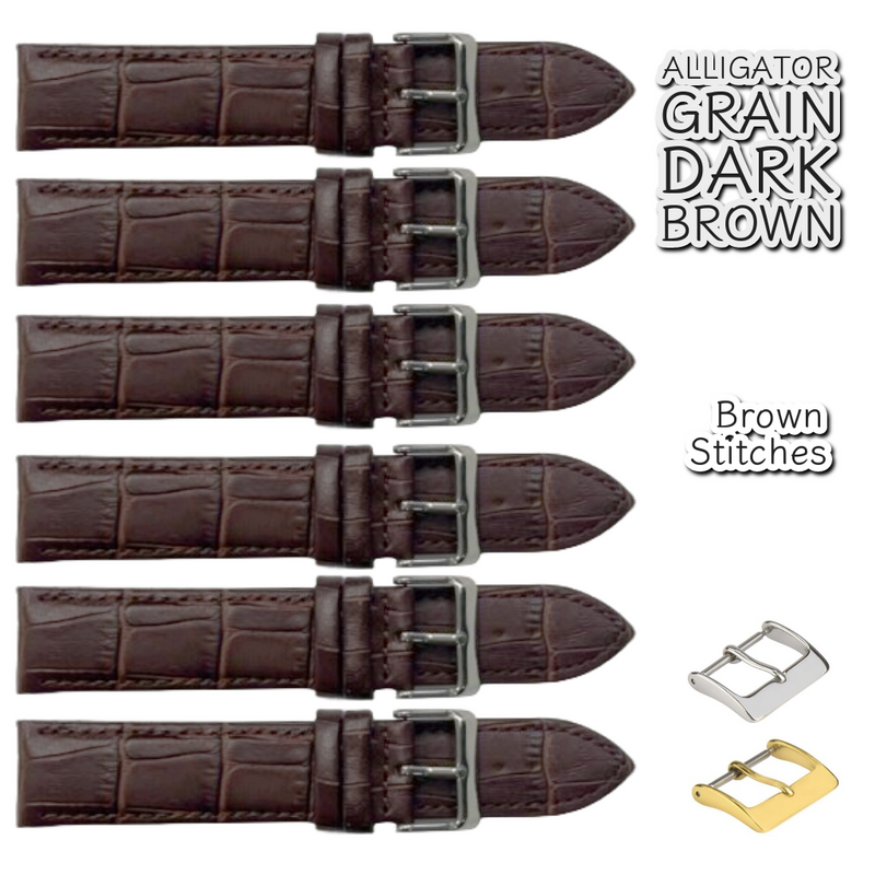 Load image into Gallery viewer, 6PCS Alligator Grain Dark Brown Leather Watch Band (12MM-30MM + XXL Sizes) Padded w/Brown Stitches
