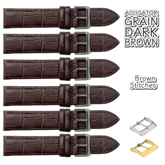 6PCS Alligator Grain Dark Brown Leather Watch Band (12MM-30MM + XXL Sizes) Padded w/Brown Stitches