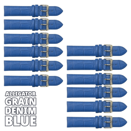 12PCS Alligator Grain DEMIN Blue Leather Watch Band (18MM & 20MM) Padded & Stitched - Universal Jewelers & Watch Tools Inc.