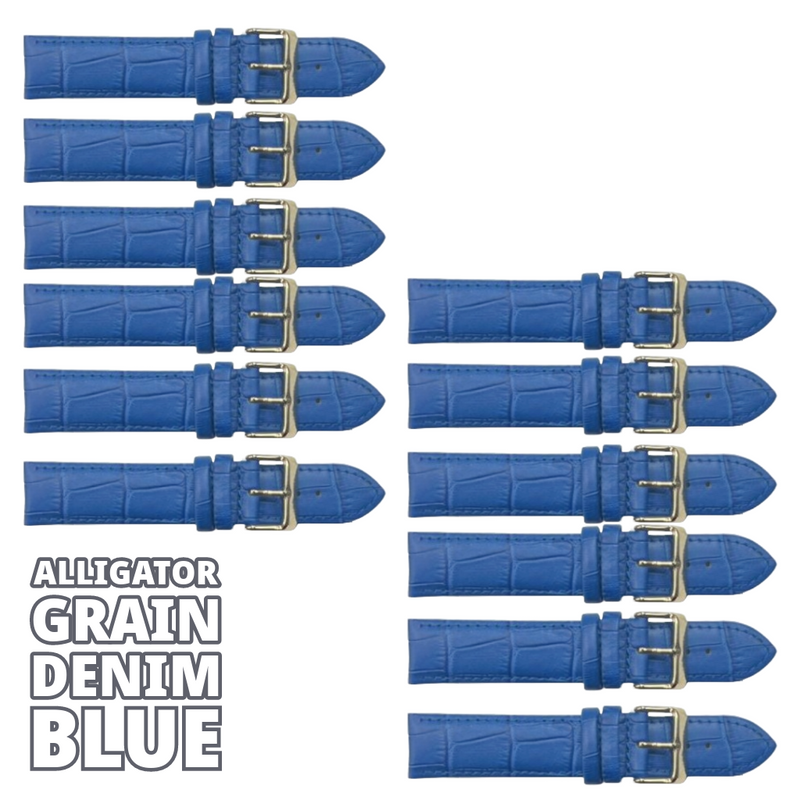 Load image into Gallery viewer, 12PCS Alligator Grain DEMIN Blue Leather Watch Band (18MM &amp; 20MM) Padded &amp; Stitched
