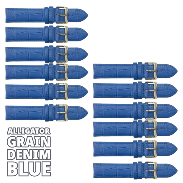 12PCS Alligator Grain DEMIN Blue Leather Watch Band (18MM & 20MM) Padded & Stitched