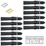 12PCS Lizard Grain Flat Black Unstitched Genuine Leather Watch Band Size (12MM-24MM)