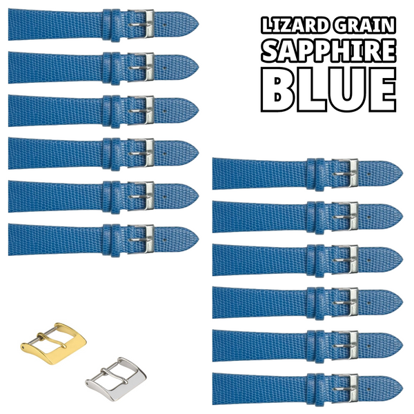 12PCS Lizard Grain Flat SAPPHIRE Blue Unstitched Genuine Leather Watch Band Size (12MM-24MM)