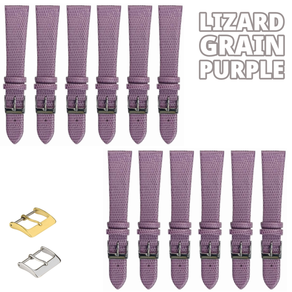 12PCS Lizard Grain Flat PURPLE Unstitched Genuine Leather Watch Band Size (12MM-24MM)