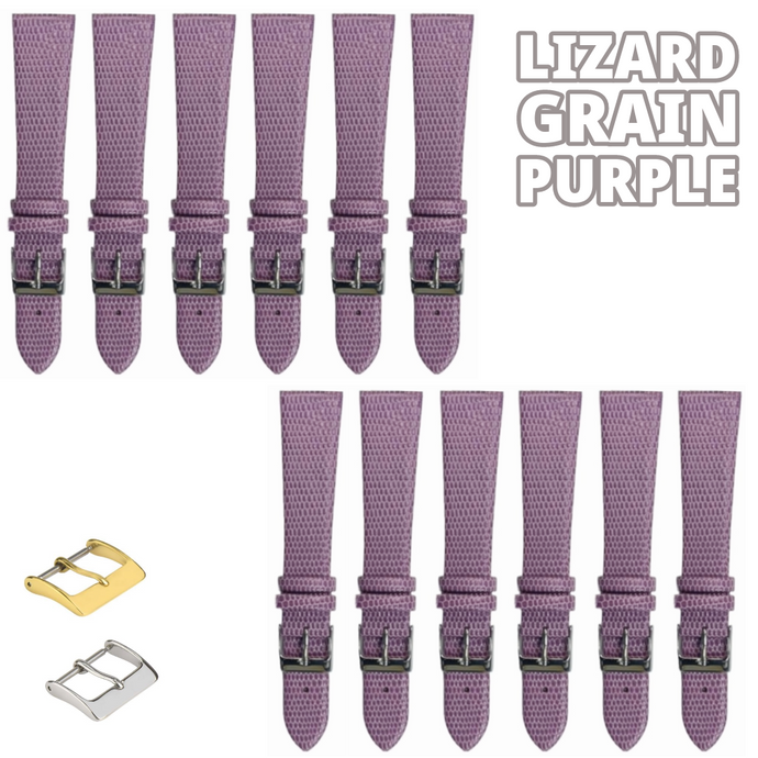 12PCS Lizard Grain Flat PURPLE Unstitched Genuine Leather Watch Band Size (12MM-24MM)