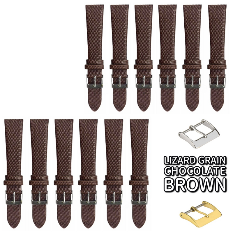 Load image into Gallery viewer, 12PCS Lizard Grain Flat CHOCOLATE BROWN Unstitched Genuine Leather Watch Band Size (12MM-24MM)
