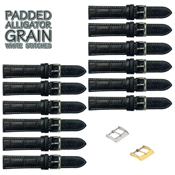 12PCS Alligator Grain Black Leather Watch Band (12MM-30MM + XXL Sizes) Padded w/White Stitches