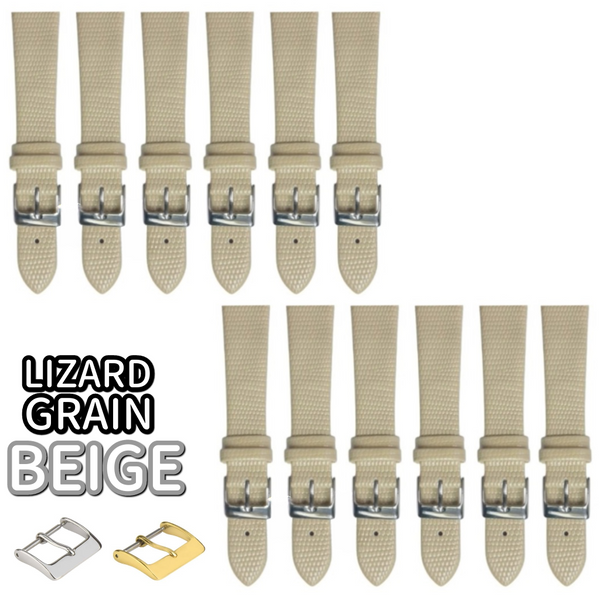 12PCS Lizard Grain Flat BEIGE Unstitched Genuine Leather Watch Band Size (12MM-24MM)